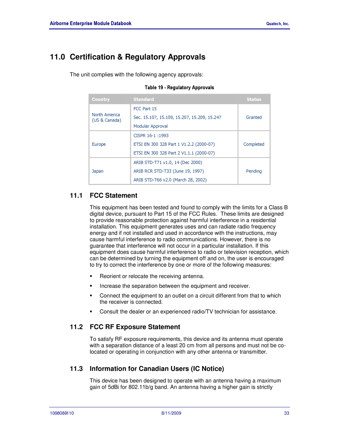 Quatech 802.11B/G manual Certification & Regulatory Approvals, FCC Statement, FCC RF Exposure Statement 