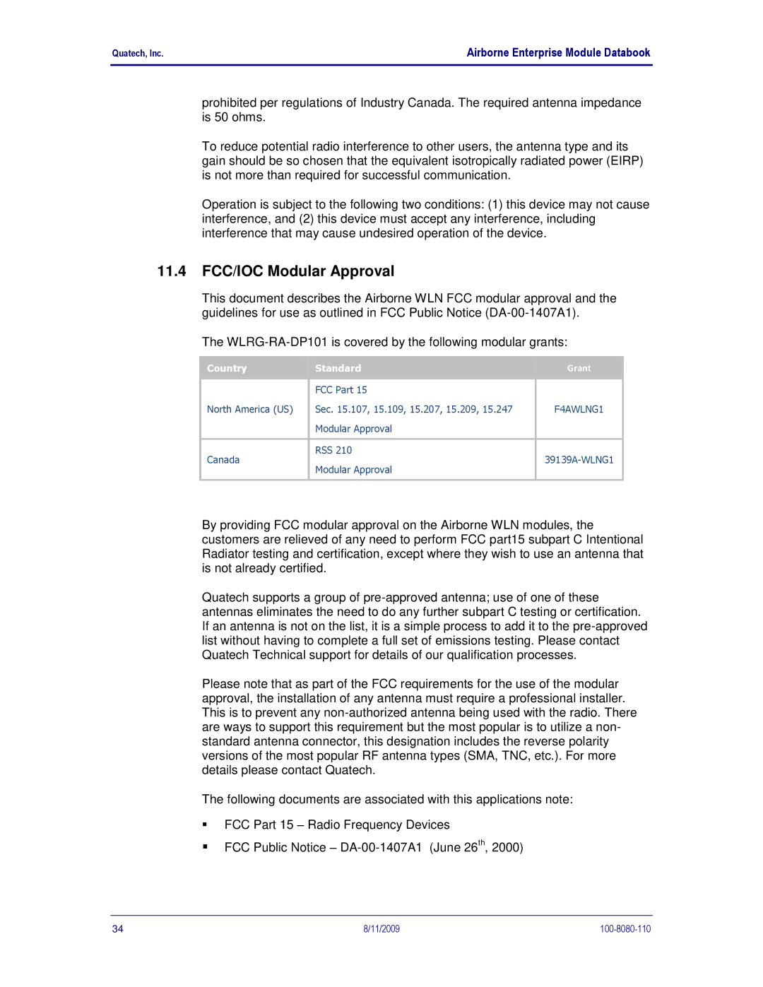 Quatech 802.11B/G manual 11.4 FCC/IOC Modular Approval, Country Standard 