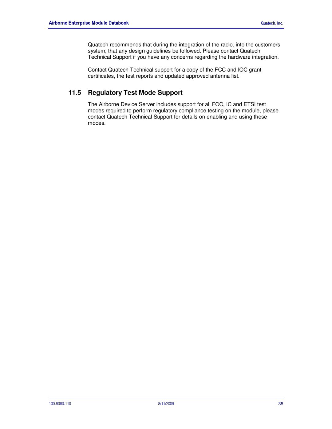 Quatech 802.11B/G manual Regulatory Test Mode Support 