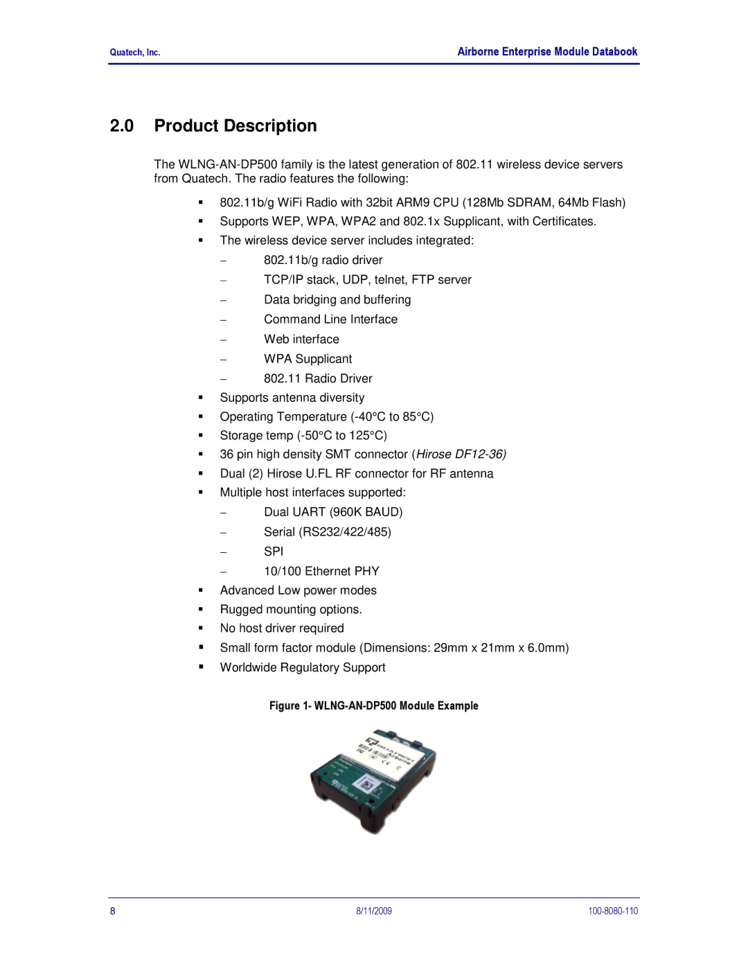 Quatech 802.11B/G manual Product Description, WLNG-AN-DP500 Module Example 