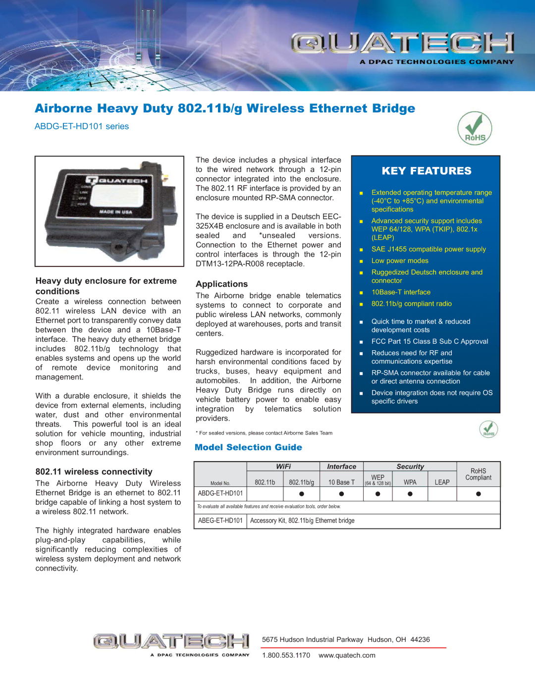 Quatech ABDG-ET-HD101 specifications Airborne Heavy Duty 802.11b/g Wireless Ethernet Bridge, KEY Features, Applications 