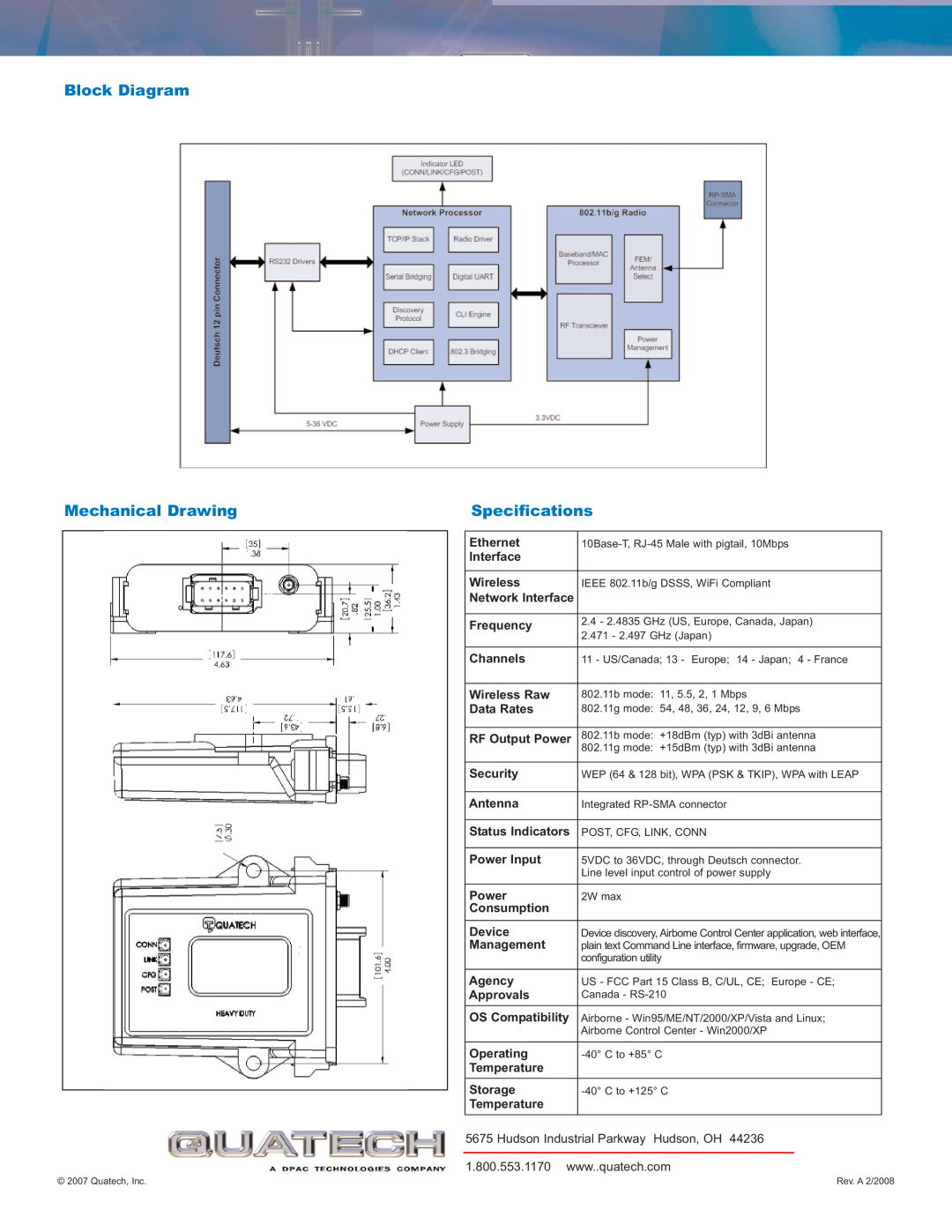Quatech ABDG-ET-HD101 Block Diagram, Mechanical Drawing, Specifications, Hudson Industrial Parkway Hudson, OH 