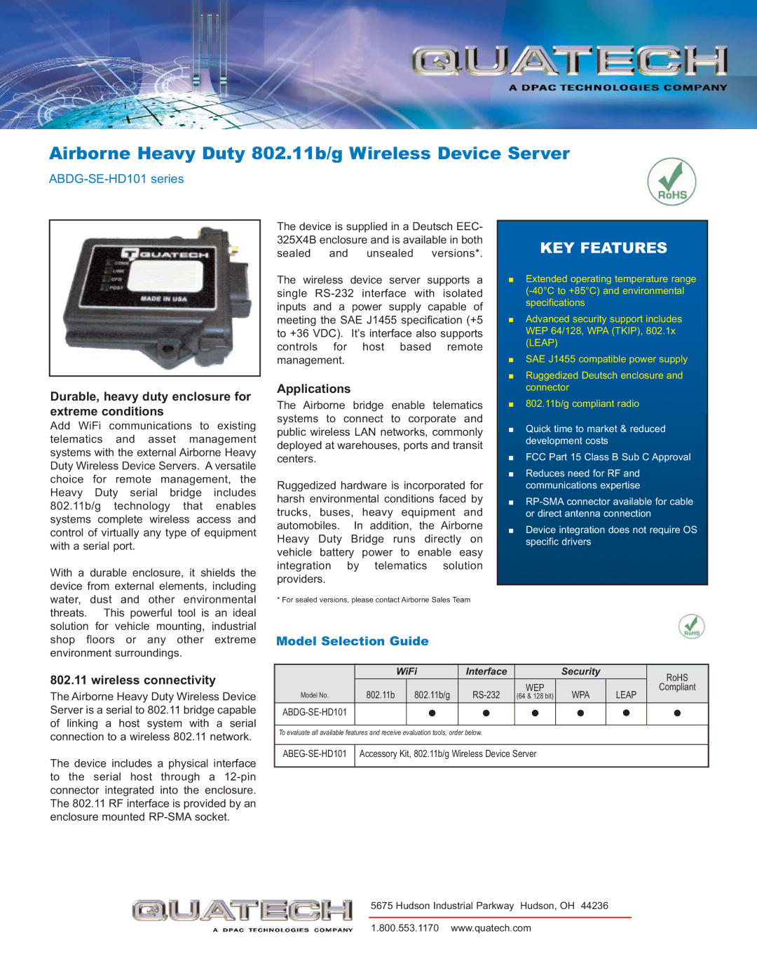 Quatech ABEG-SE-HD101, ABDG-SE-HD101 specifications Durable, heavy duty enclosure for extreme conditions, Applications 