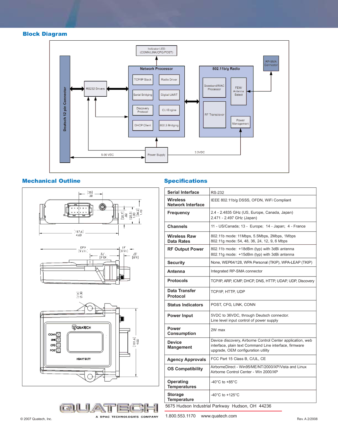 Quatech ABDG-SE-HD101, ABEG-SE-HD101 specifications Block Diagram Mechanical Outline Specifications, Device 