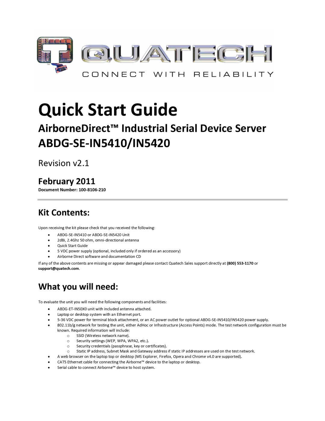 Quatech IN5420, ABDG-SE-IN5410 quick start February, Kit Contents, What you will need 