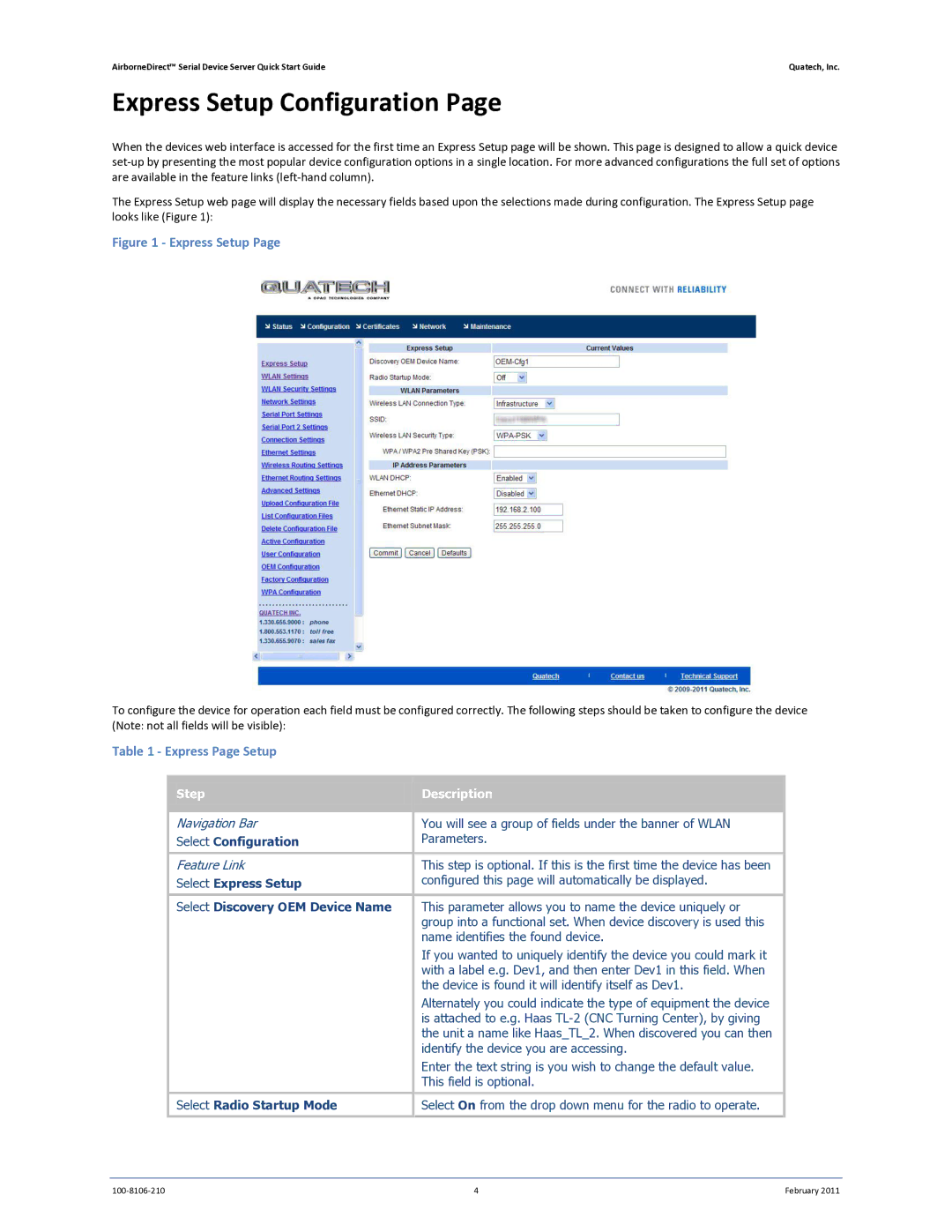 Quatech ABDG-SE-IN5410, IN5420 quick start Express Setup Configuration, Express Page Setup 