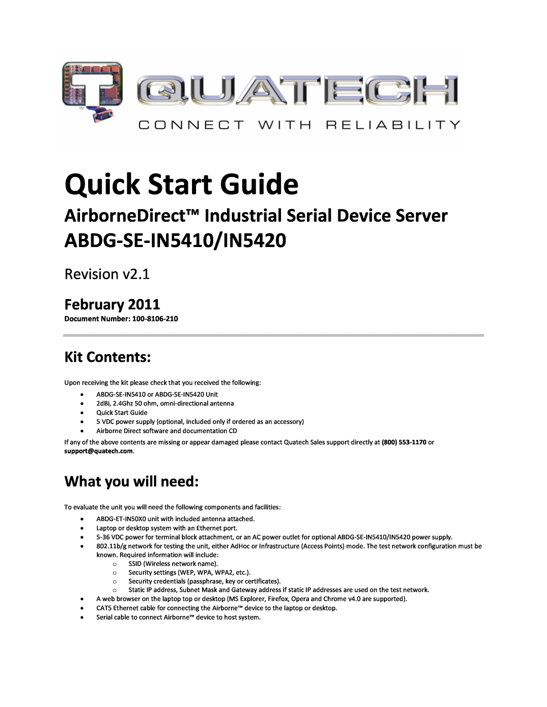 Quatech quick start February, Kit Contents, What you will need, Quick Start Guide, ABDG-SE-IN5410/IN5420, Revision 