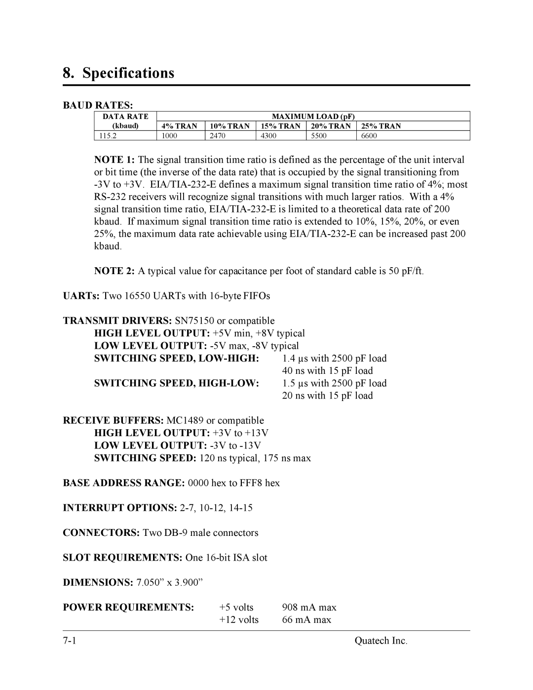 Quatech DS-100 user manual Specifications, Baud Rates 