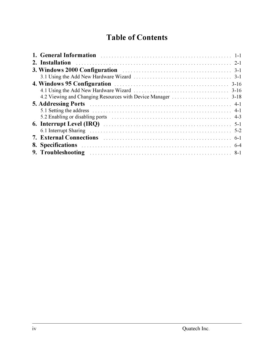 Quatech DS-100 user manual Table of Contents 