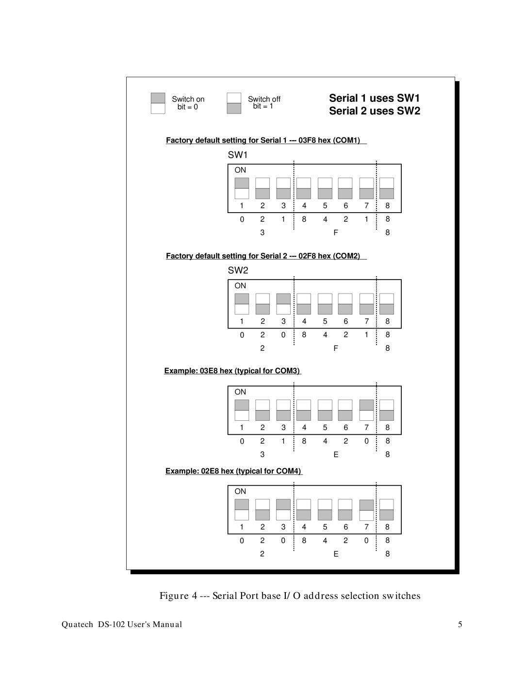 Quatech DS-102 user manual Serial 1 uses SW1 Serial 2 uses SW2 