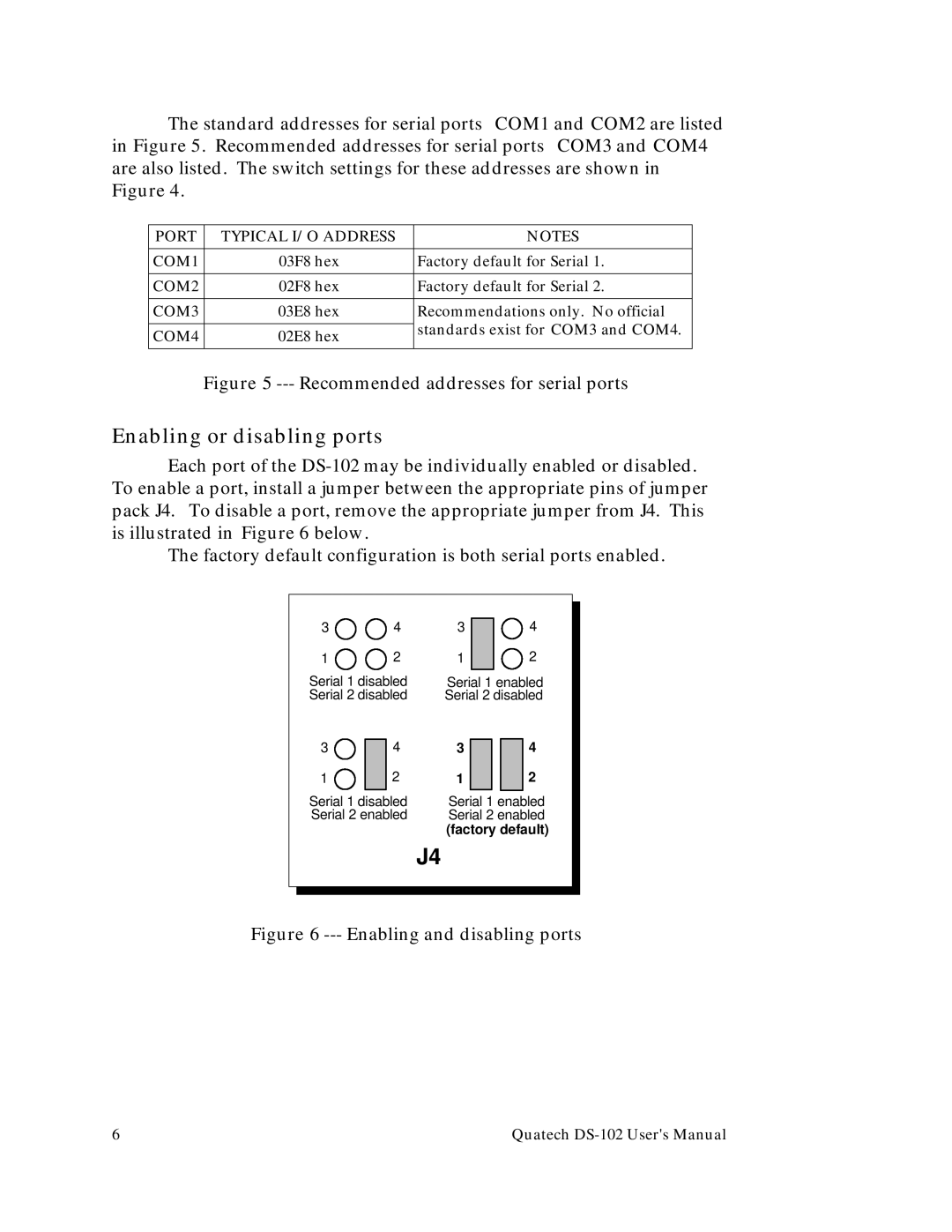 Quatech DS-102 user manual Enabling or disabling ports, Recommended addresses for serial ports 