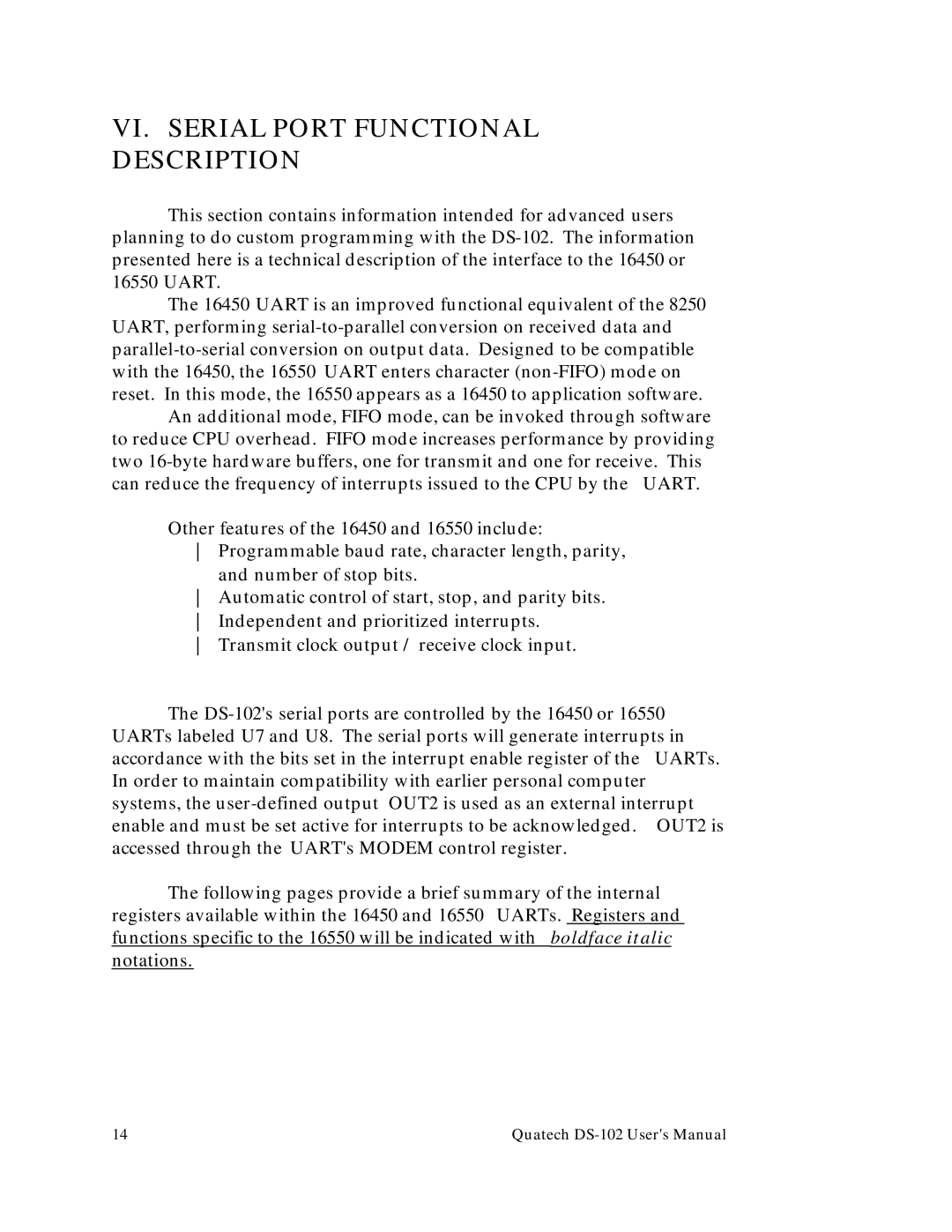 Quatech DS-102 user manual VI. Serial Port Functional Description 