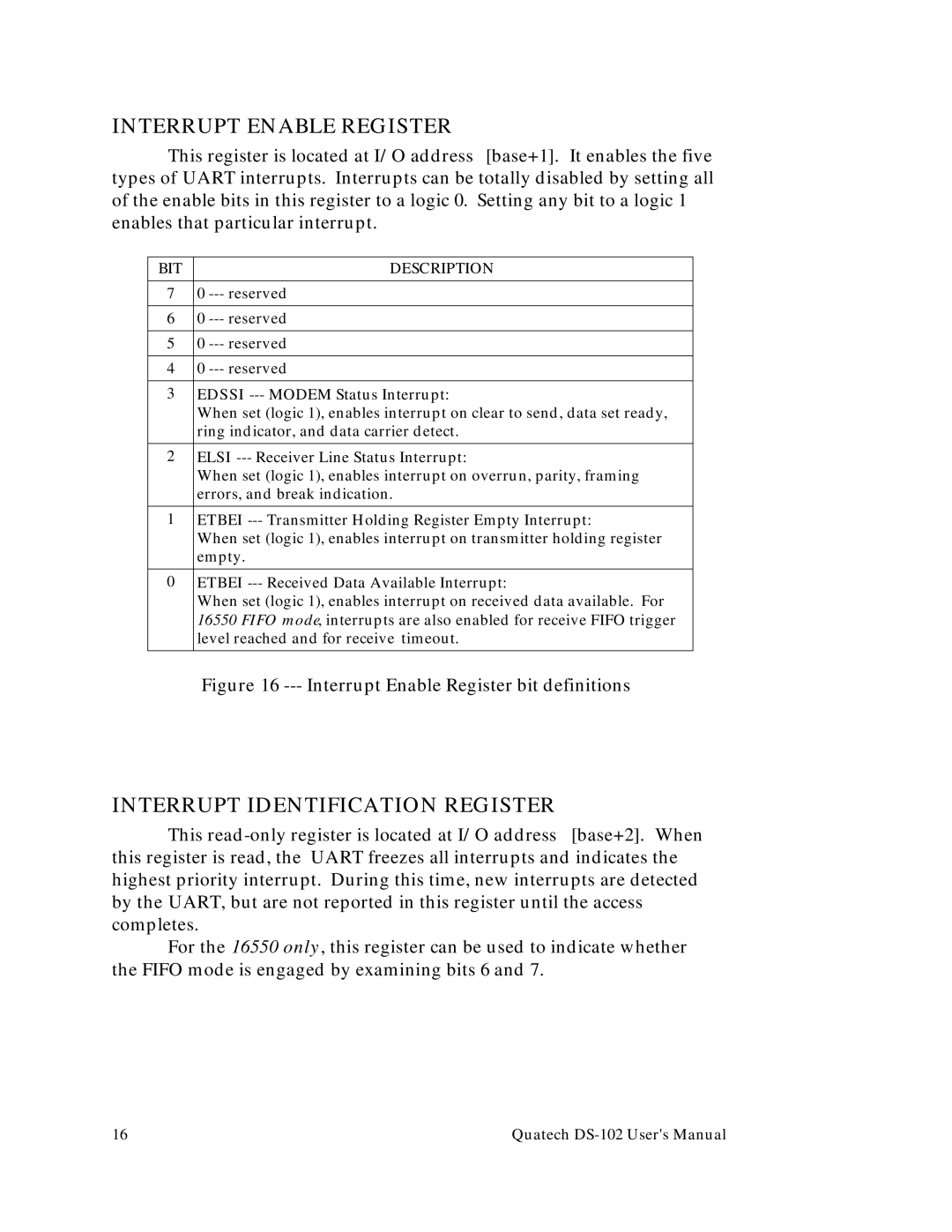 Quatech DS-102 user manual Interrupt Enable Register, Interrupt Identification Register 