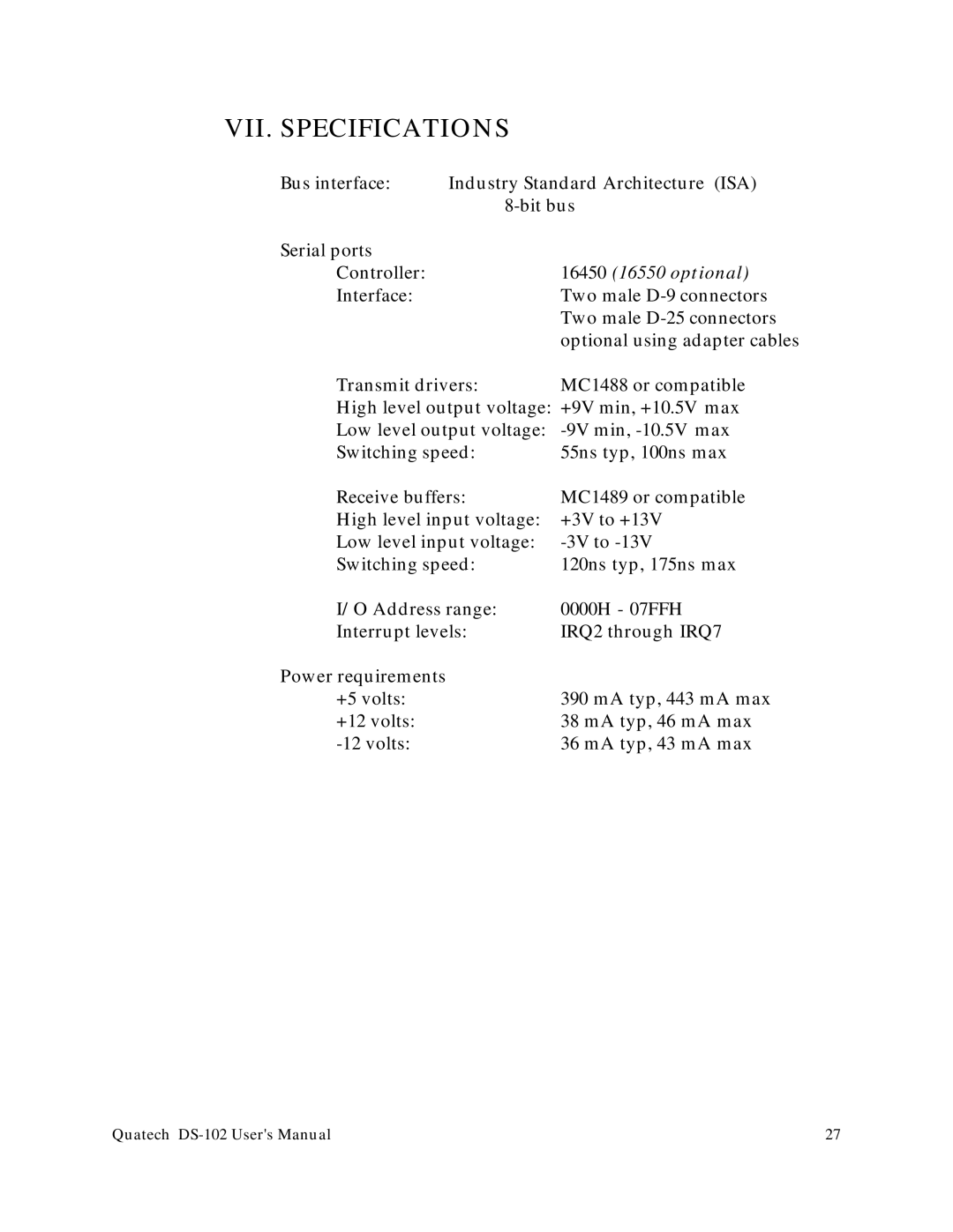 Quatech DS-102 user manual VII. Specifications, 16450 16550 optional 