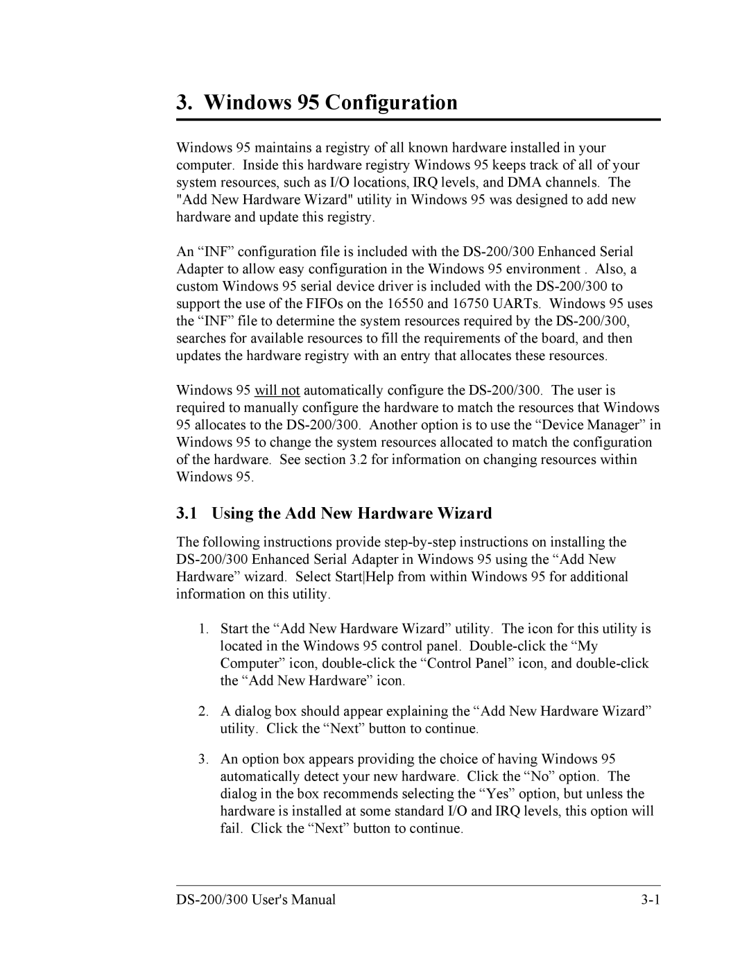 Quatech DS-200/300 user manual Windows 95 Configuration, Using the Add New Hardware Wizard 