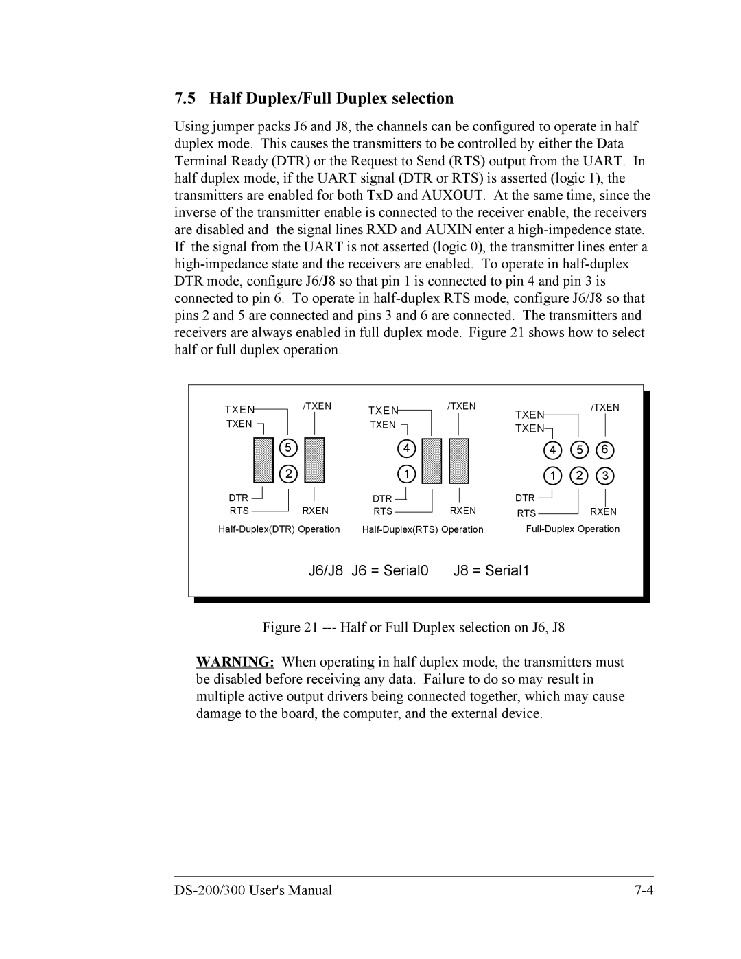 Quatech DS-200/300 user manual Half Duplex/Full Duplex selection, J6/J8 J6 = Serial0 J8 = Serial1 