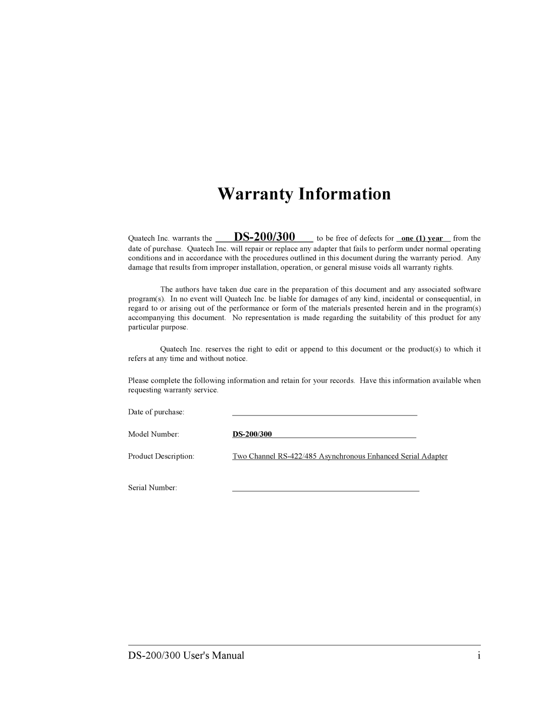 Quatech DS-200/300 user manual Warranty Information 