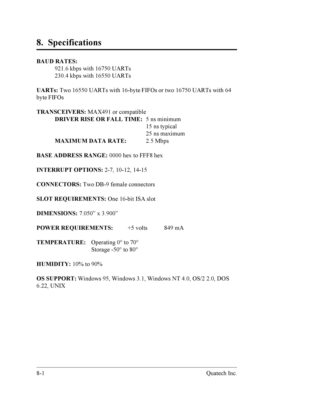 Quatech DS-200/300 user manual Specifications, Baud Rates 