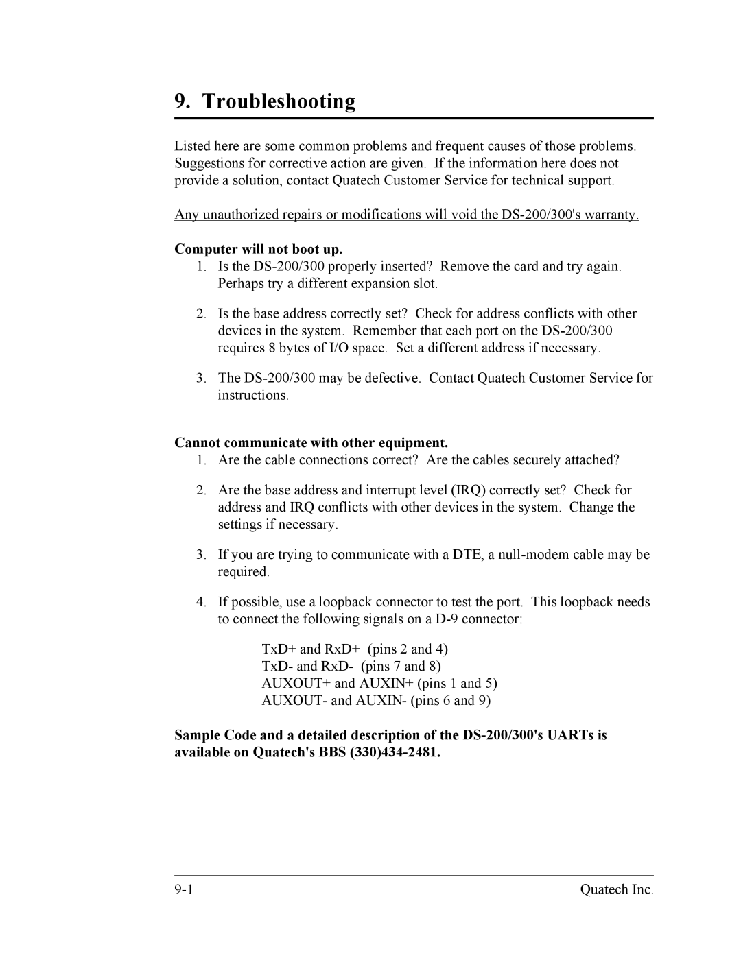 Quatech DS-200/300 user manual Troubleshooting, Computer will not boot up 