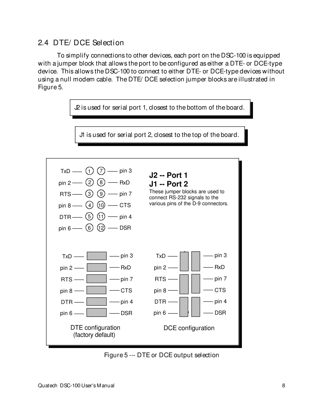 Quatech DSC-100 user manual DTE/DCE Selection, J2 -- Port J1 -- Port 