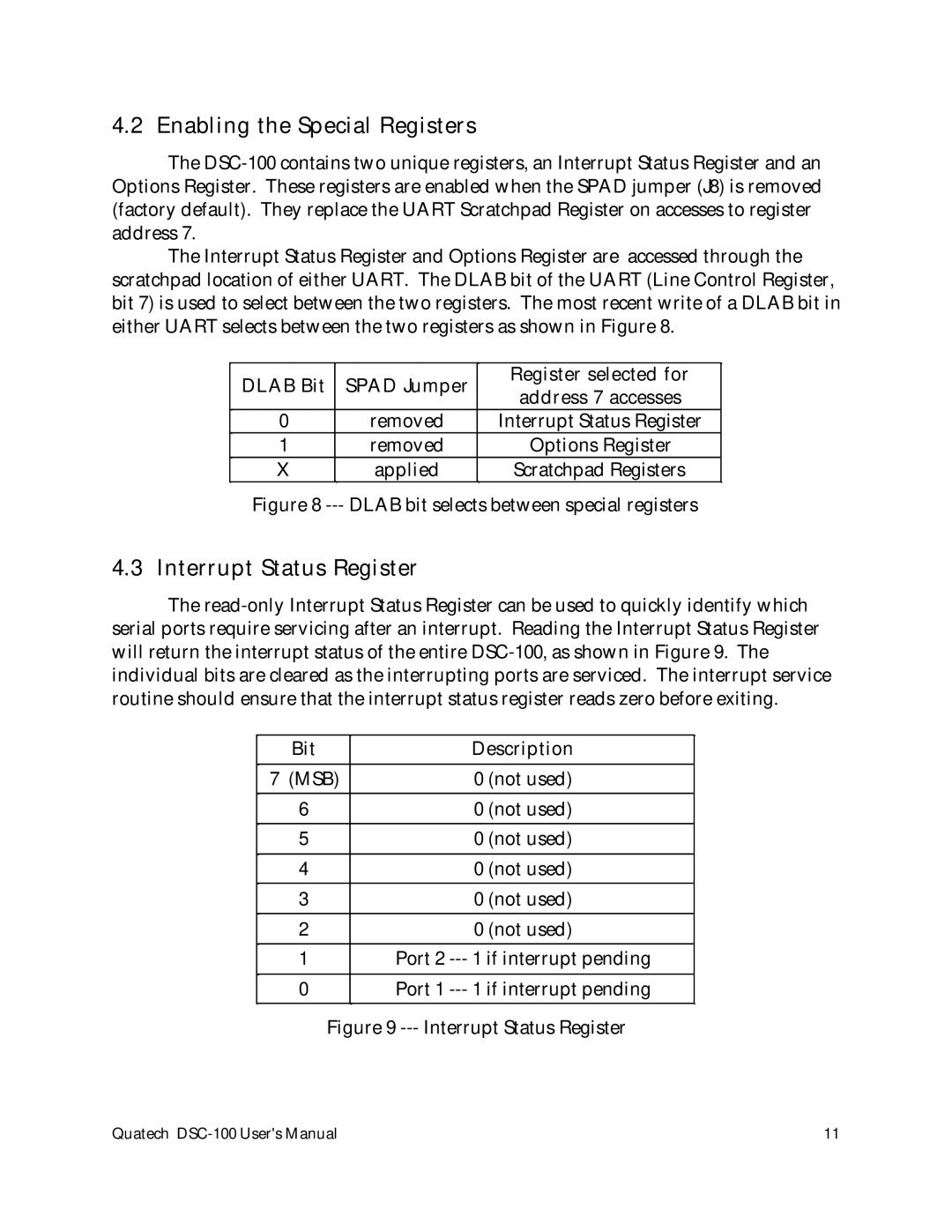 Quatech DSC-100 user manual Enabling the Special Registers, Interrupt Status Register 