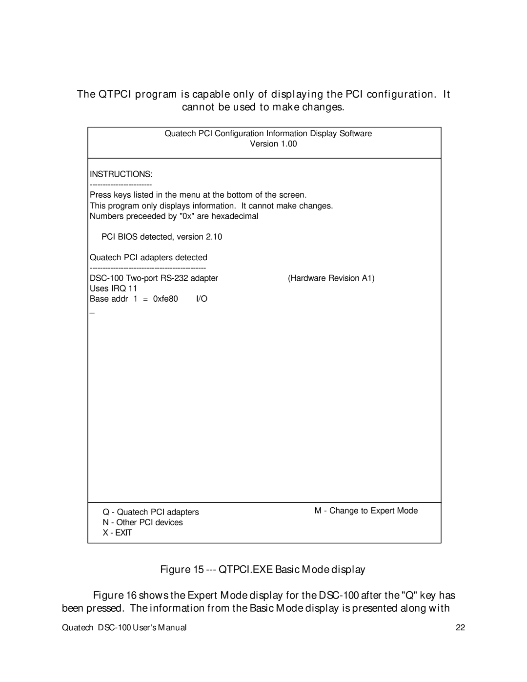 Quatech DSC-100 user manual QTPCI.EXE Basic Mode display 