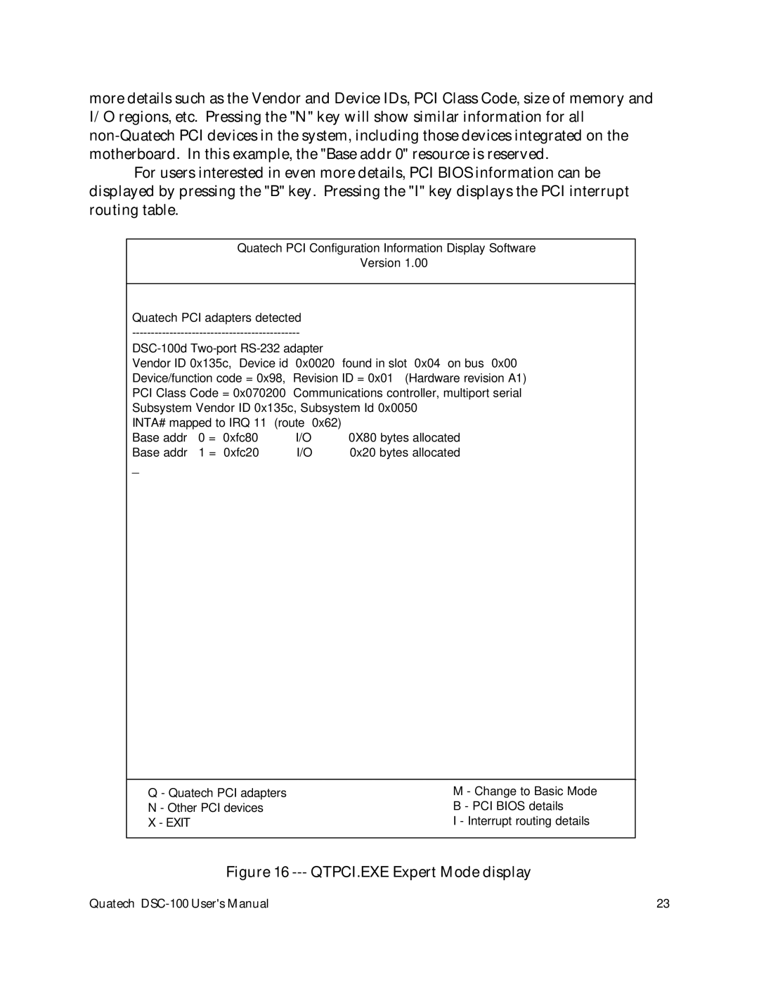 Quatech DSC-100 user manual QTPCI.EXE Expert Mode display 