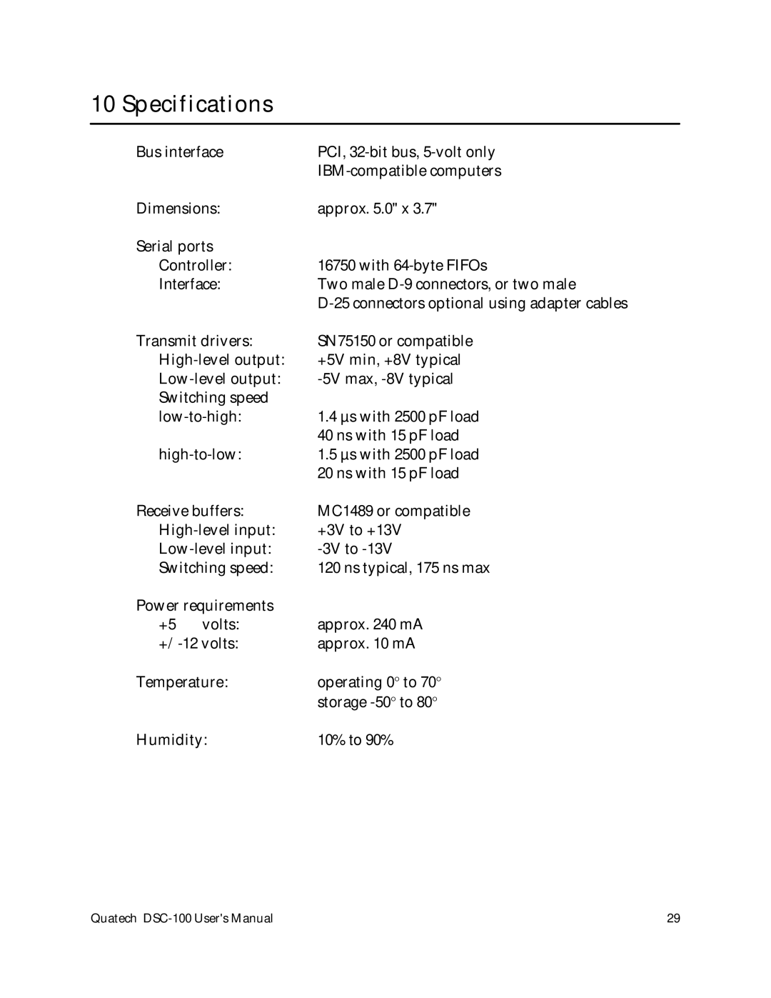 Quatech DSC-100 user manual Specifications 