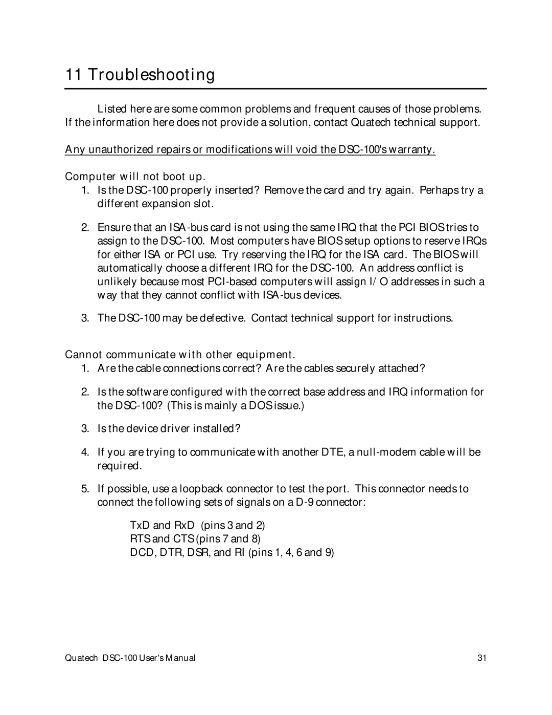 Quatech DSC-100 user manual Troubleshooting, Computer will not boot up 