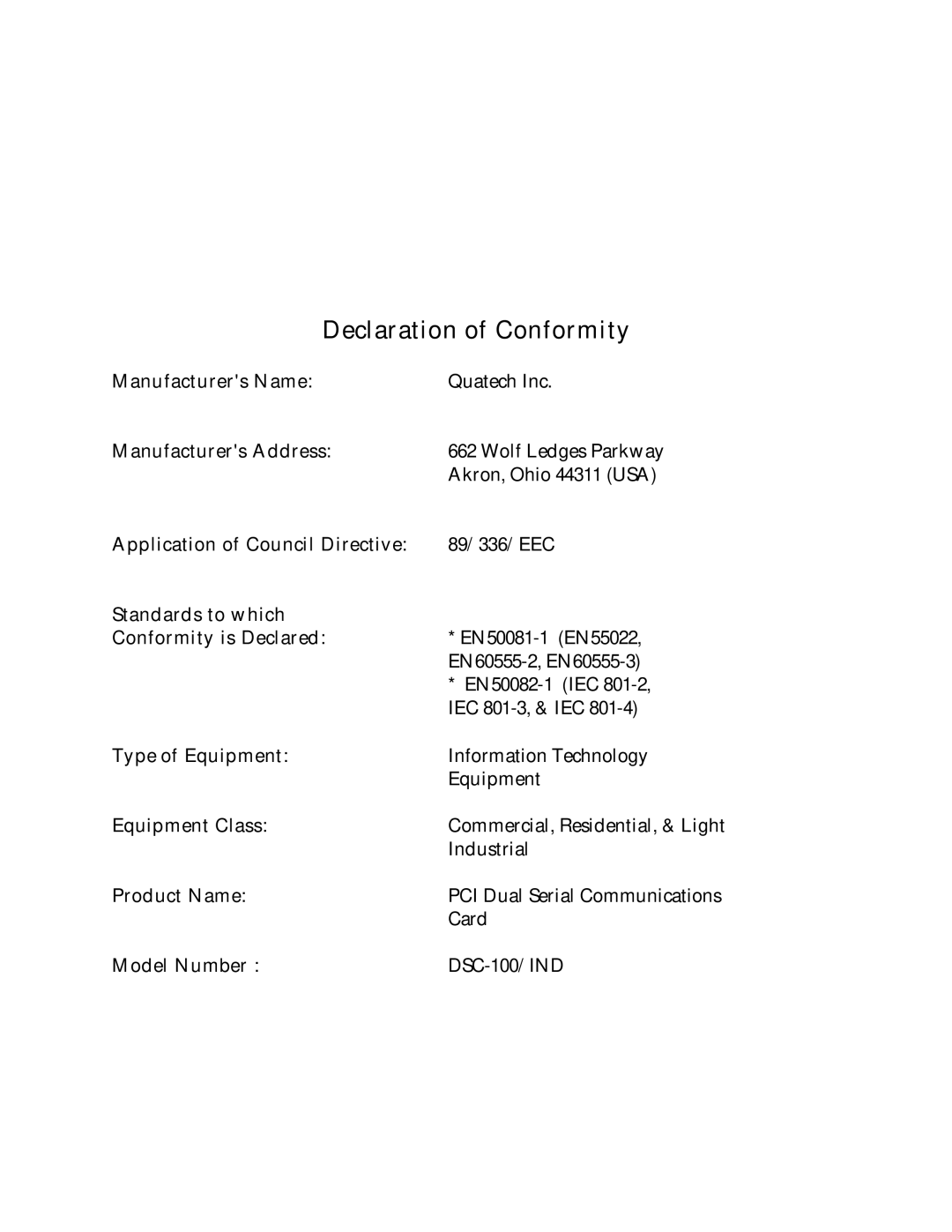 Quatech DSC-100 user manual Declaration of Conformity 