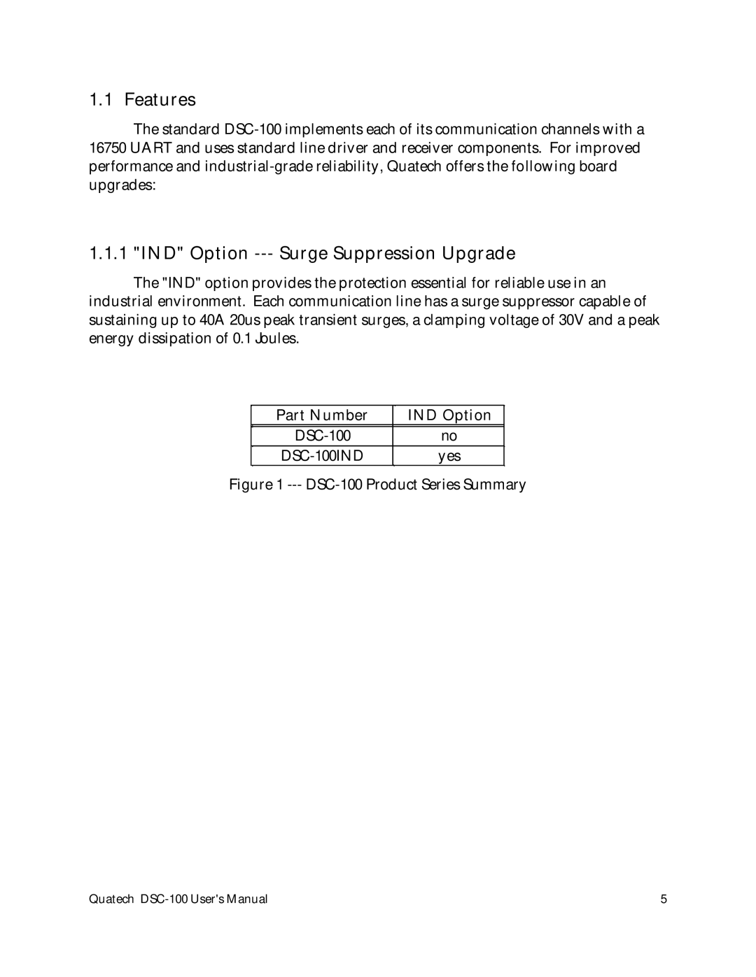 Quatech DSC-100 user manual Features, IND Option --- Surge Suppression Upgrade 