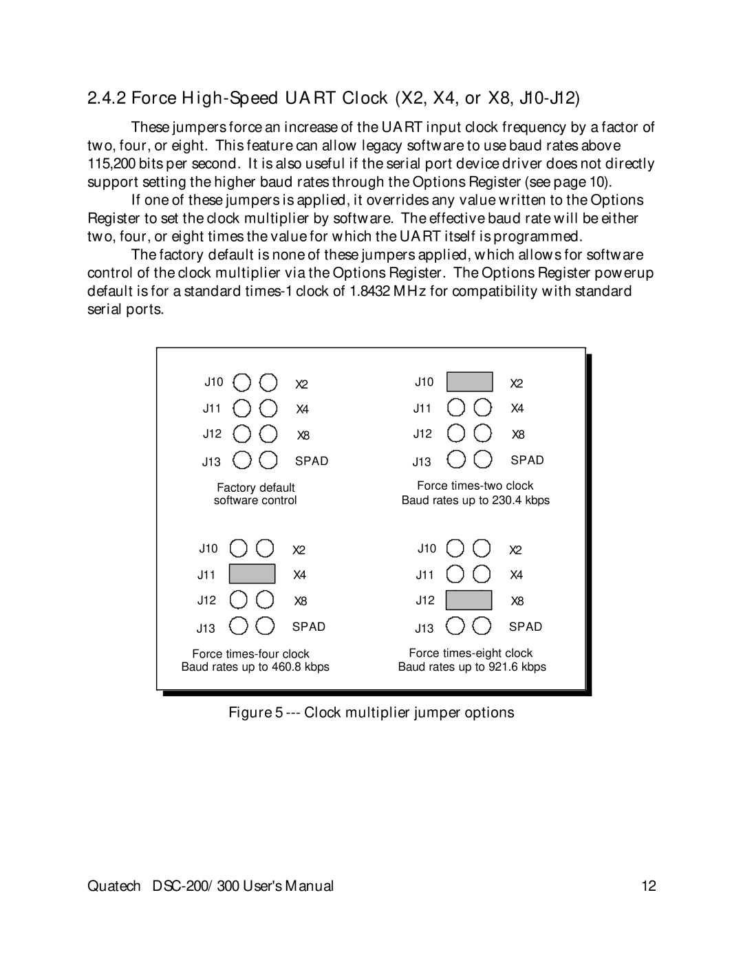 Quatech DSC-200/300 user manual Force High-Speed Uart Clock X2, X4, or X8, J10-J12, Clock multiplier jumper options 