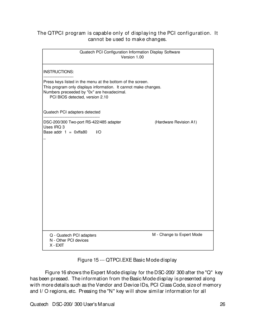 Quatech DSC-200/300 user manual QTPCI.EXE Basic Mode display 