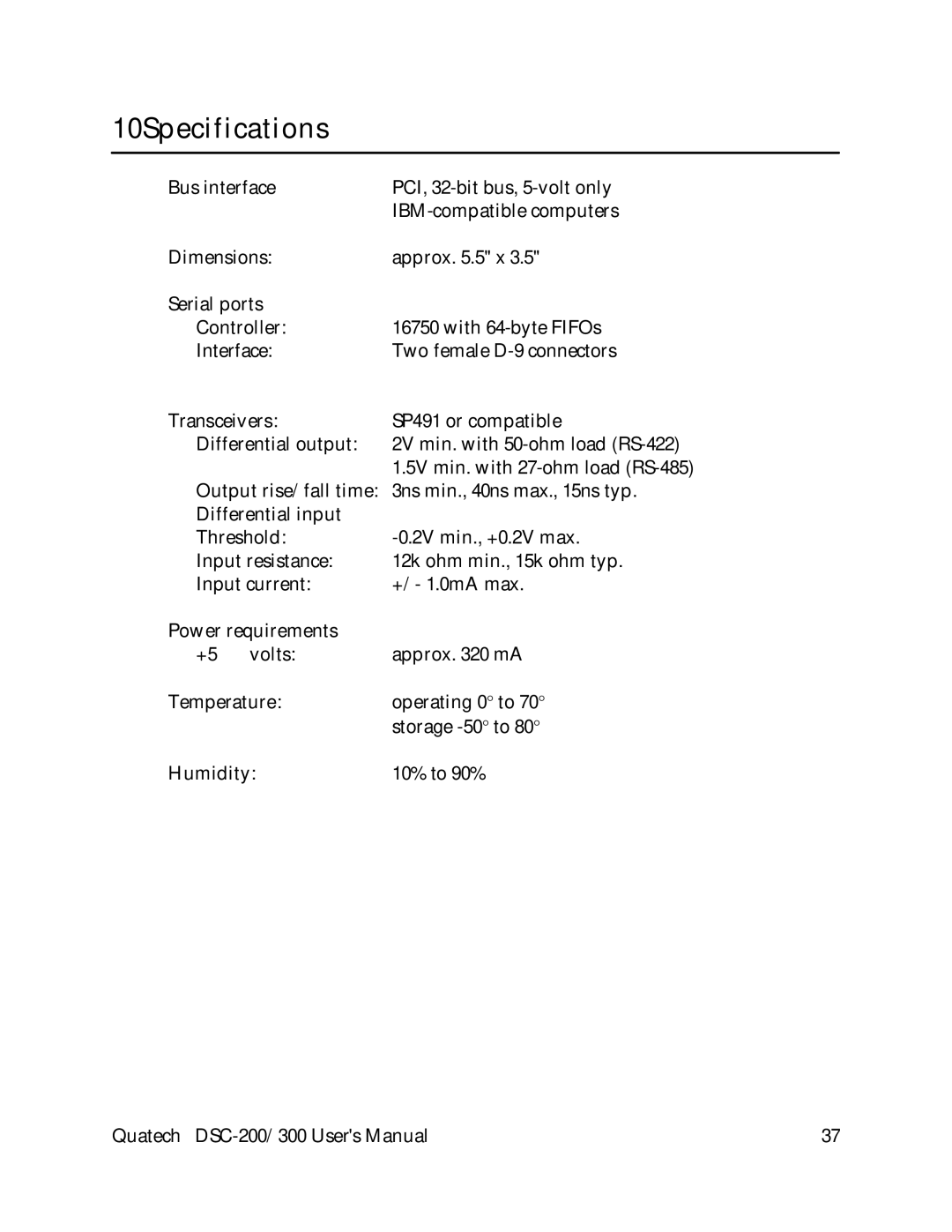 Quatech DSC-200/300 user manual 10Specifications 