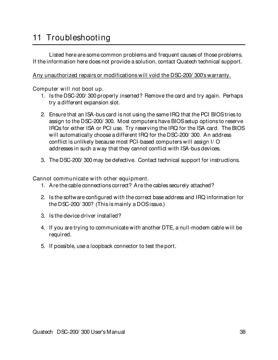 Quatech DSC-200/300 user manual Troubleshooting, Computer will not boot up 