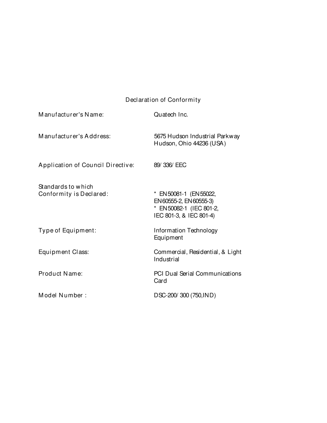 Quatech DSC-200/300 user manual Declaration of Conformity Manufacturers Name 