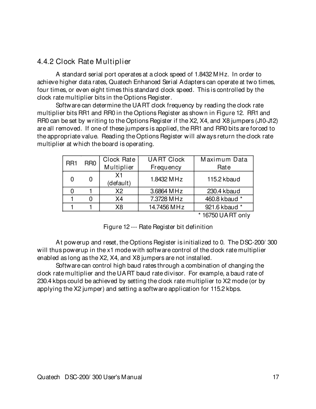 Quatech DSC-200, DSC-300 user manual Clock Rate Multiplier, RR1 RR0 