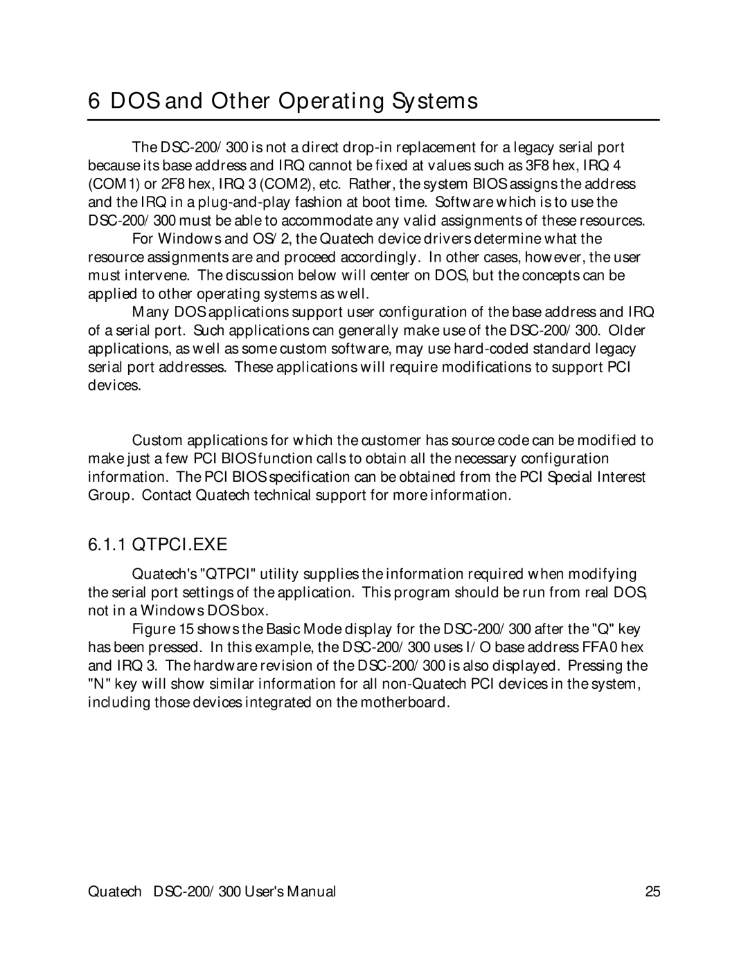 Quatech DSC-200, DSC-300 user manual DOS and Other Operating Systems, Qtpci.Exe 