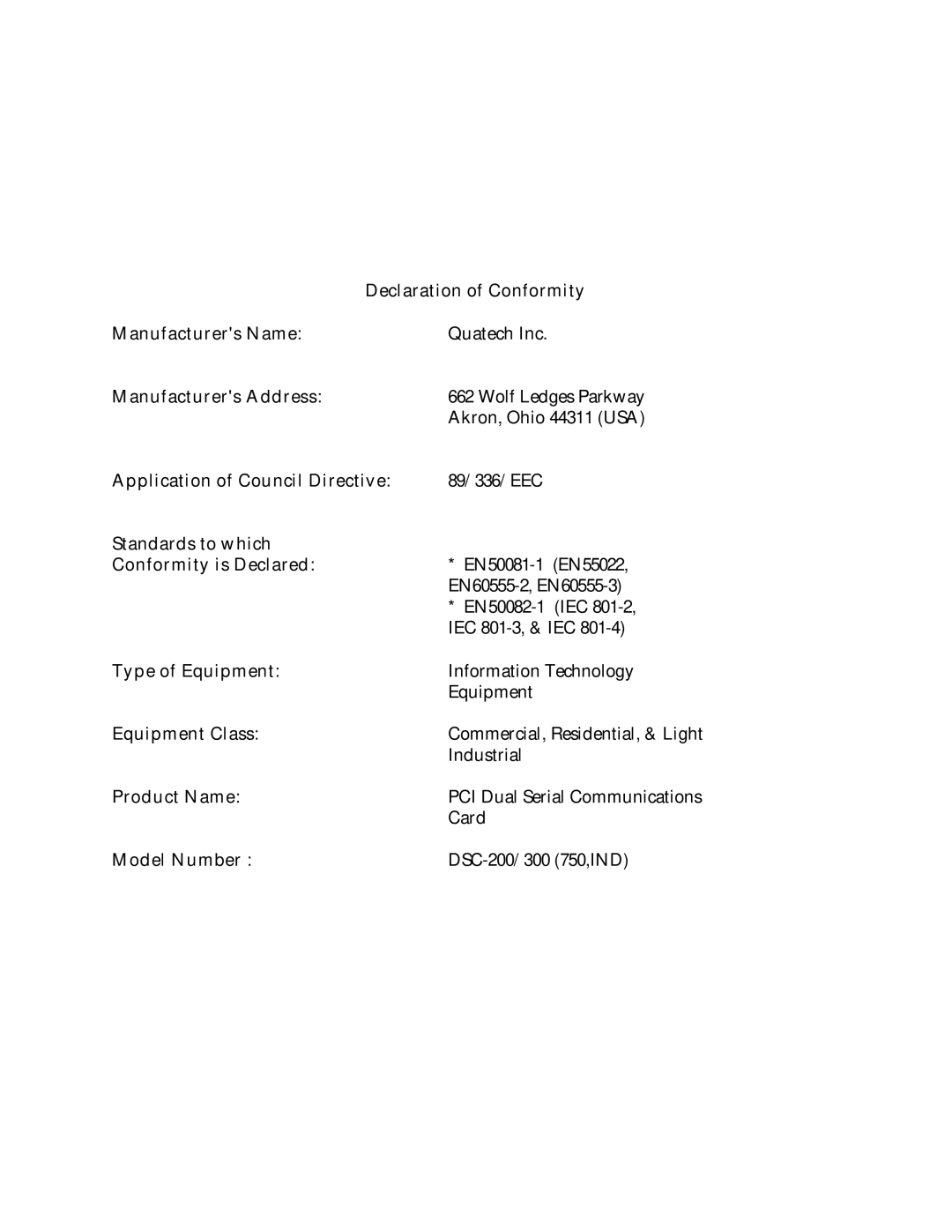 Quatech DSC-300, DSC-200 user manual Declaration of Conformity Manufacturers Name 