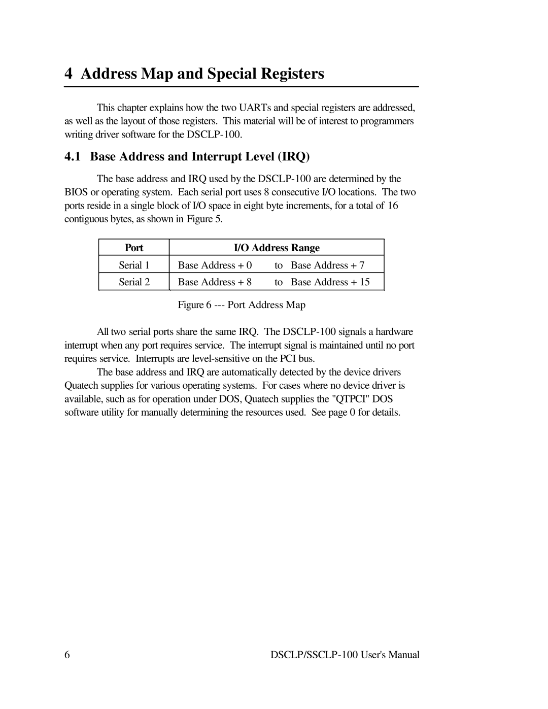 Quatech DSCLP-100 user manual Address Map and Special Registers, Base Address and Interrupt Level IRQ 