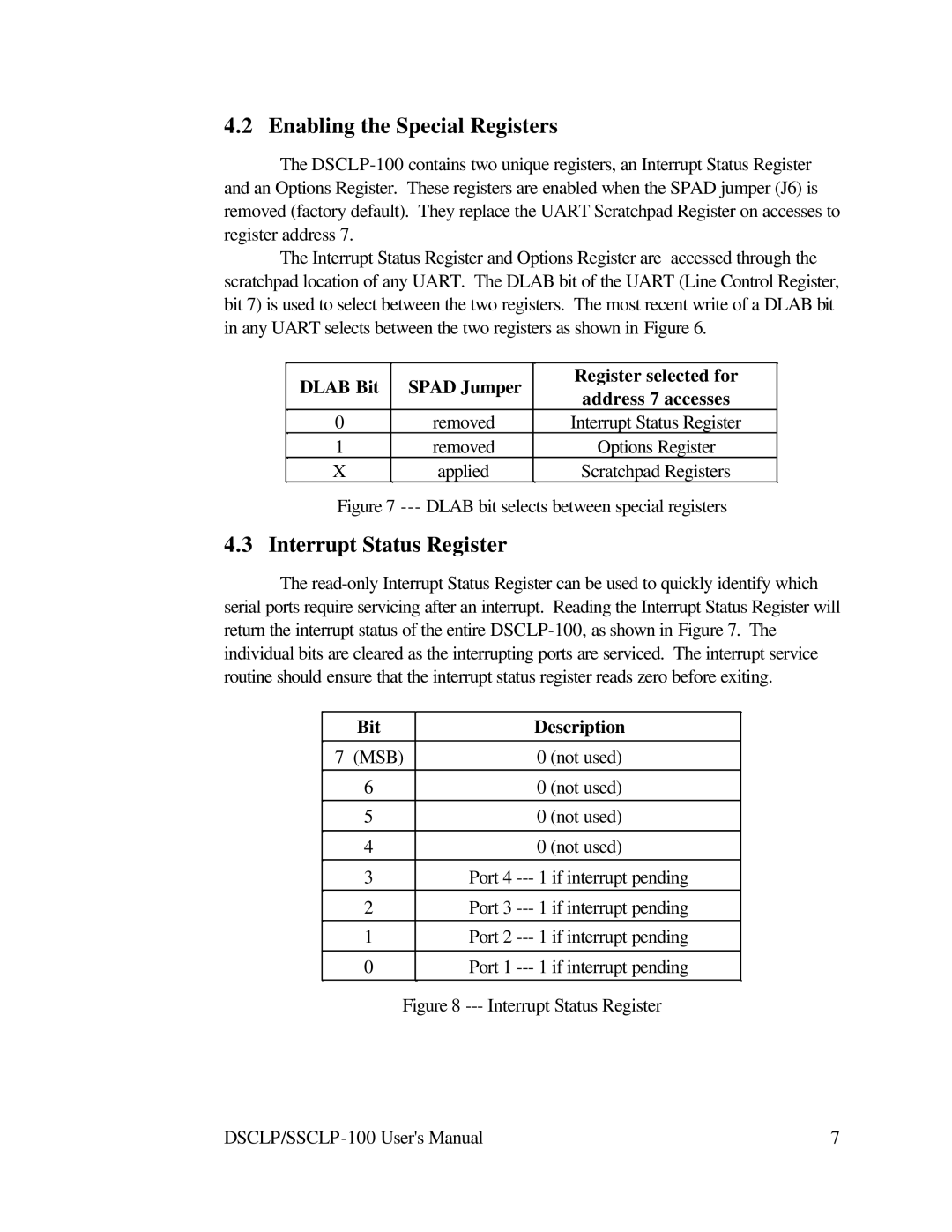 Quatech DSCLP-100 user manual Enabling the Special Registers, Interrupt Status Register 