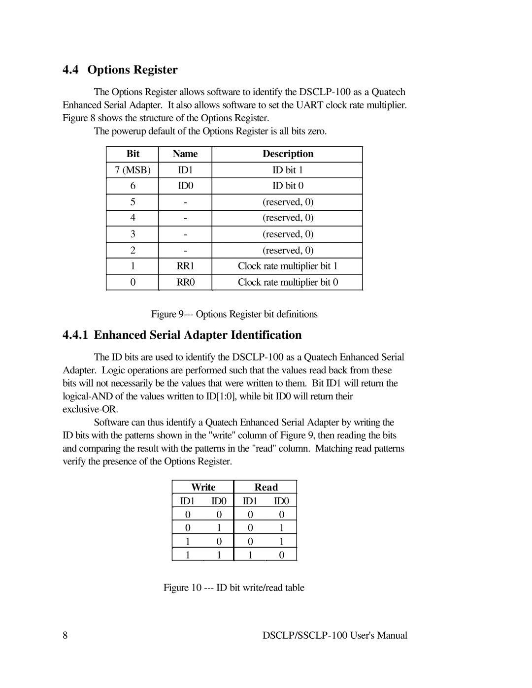 Quatech DSCLP-100 user manual Options Register, Enhanced Serial Adapter Identification 