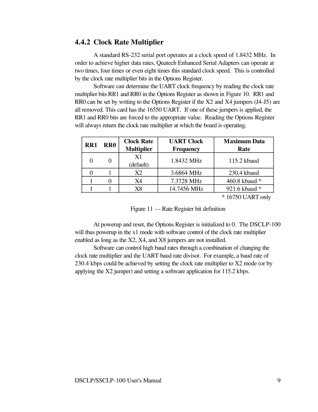 Quatech DSCLP-100 user manual Clock Rate Multiplier, RR1 RR0 