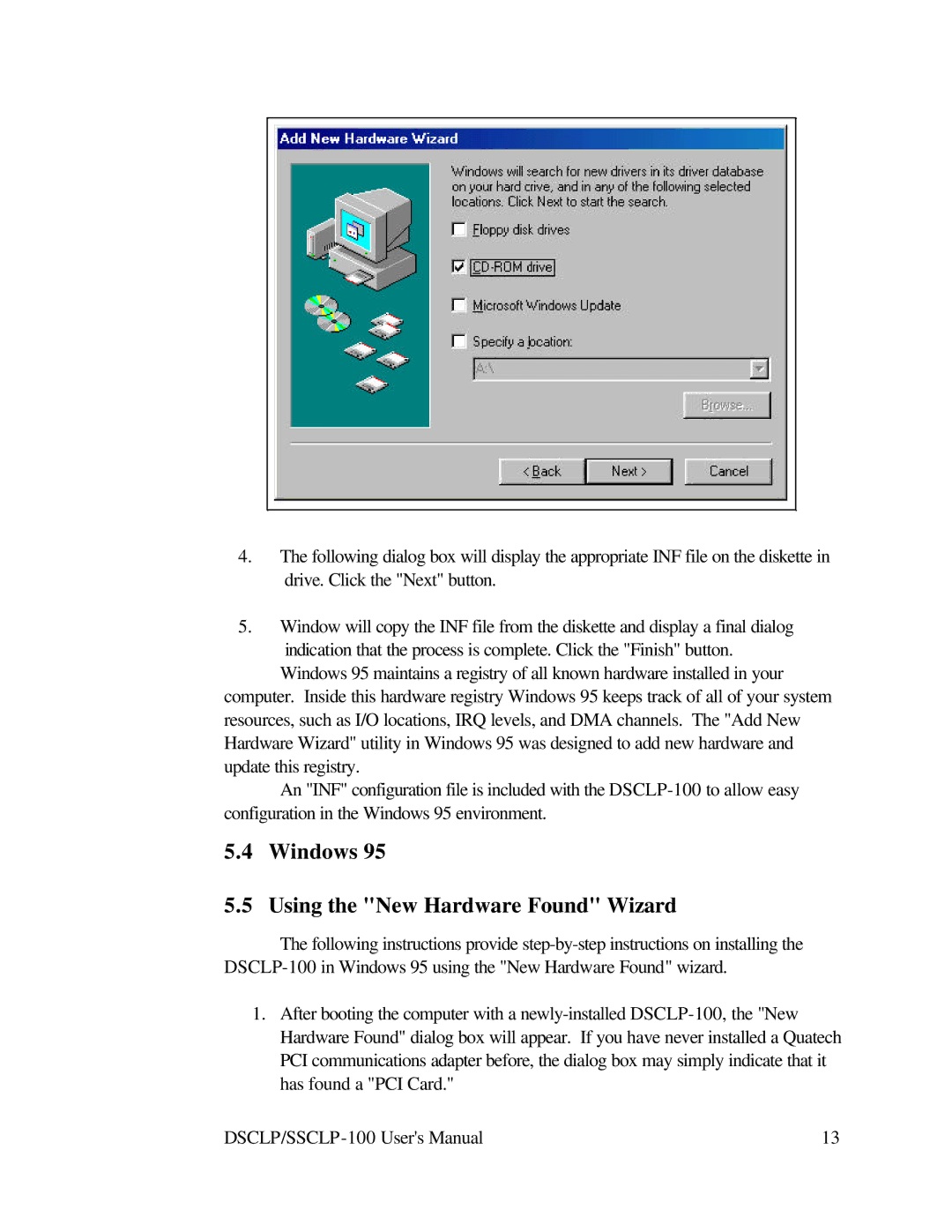 Quatech DSCLP-100 user manual Windows Using the New Hardware Found Wizard 