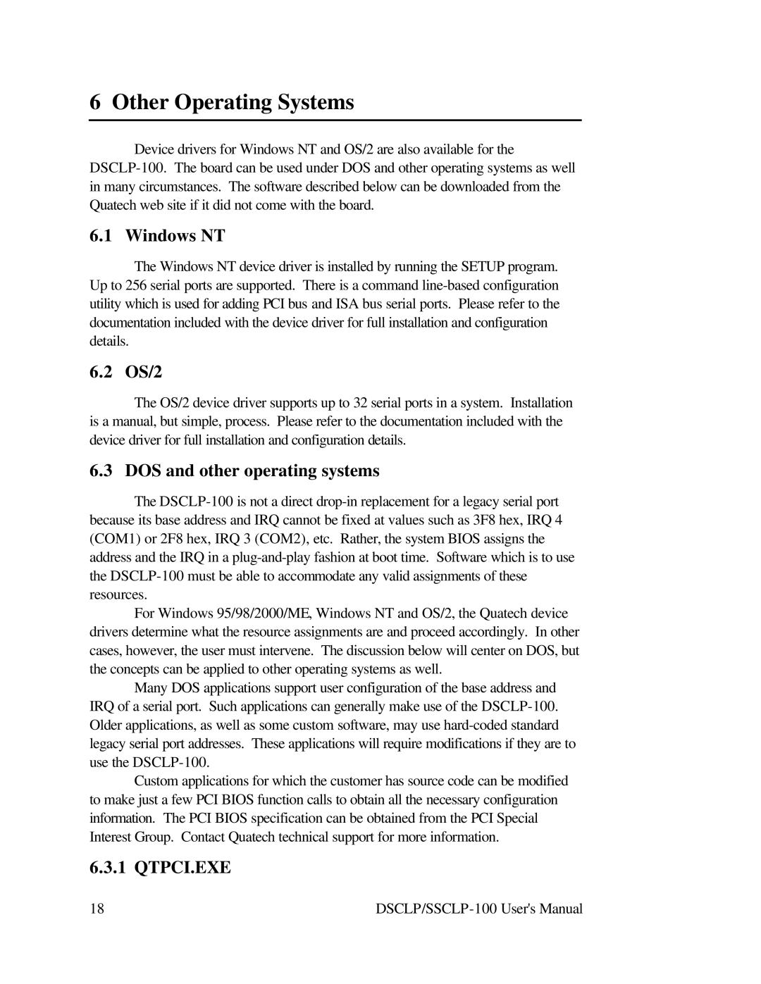 Quatech DSCLP-100 user manual Other Operating Systems, Windows NT, OS/2, DOS and other operating systems 