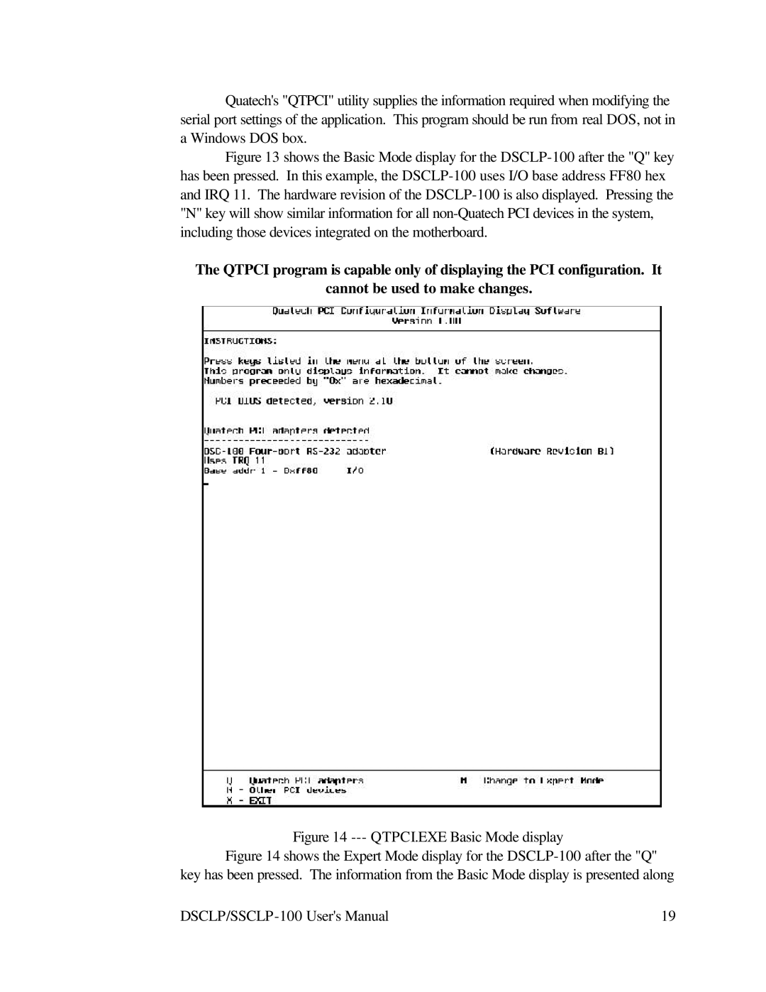 Quatech DSCLP-100 user manual QTPCI.EXE Basic Mode display 