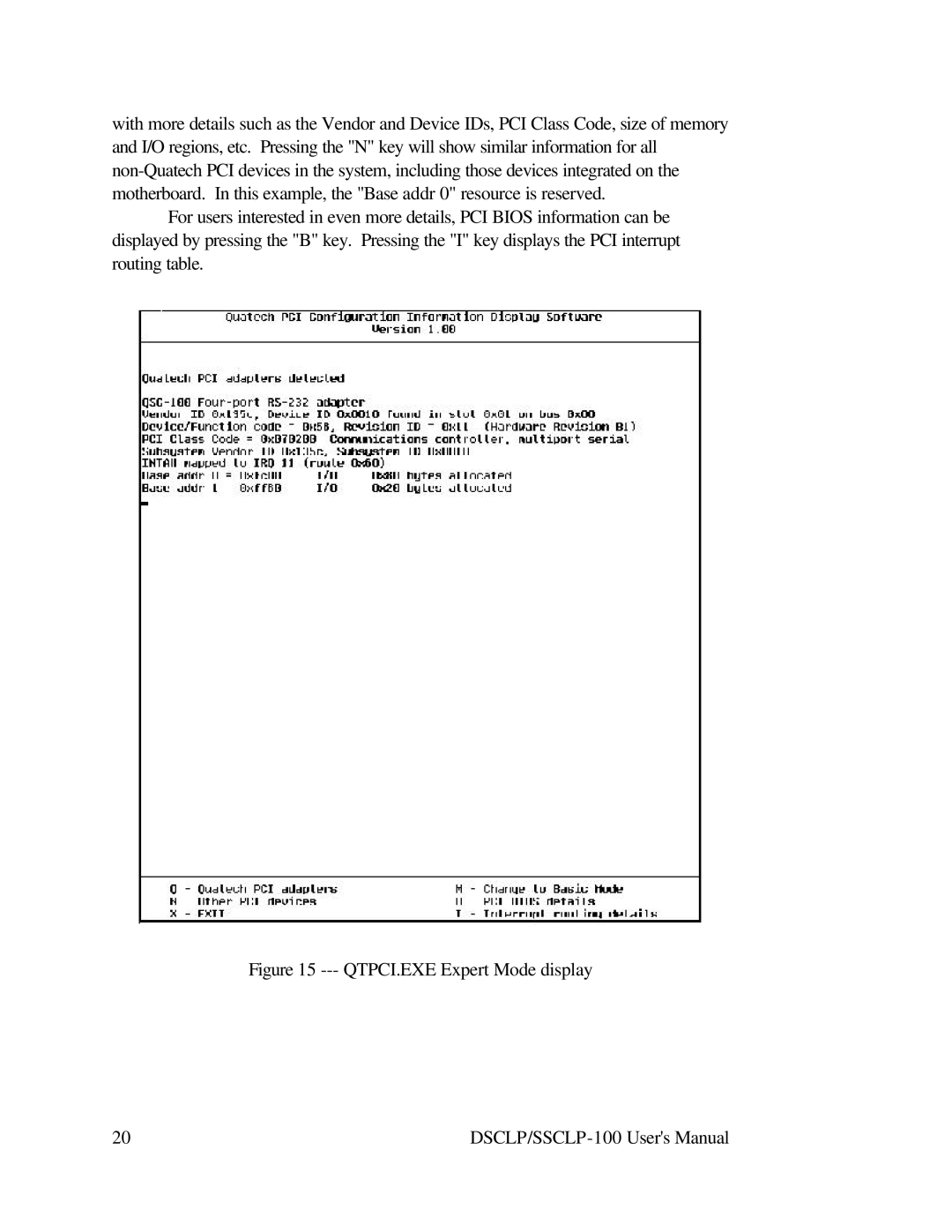 Quatech DSCLP-100 user manual QTPCI.EXE Expert Mode display 