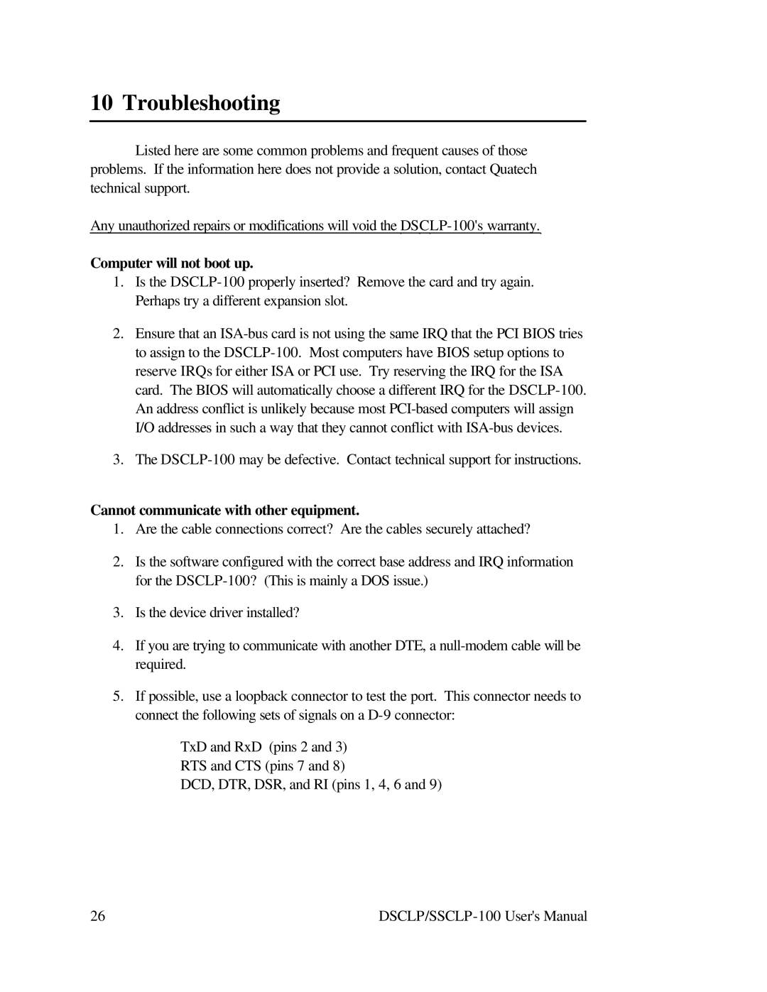 Quatech DSCLP-100 user manual Troubleshooting, Computer will not boot up 