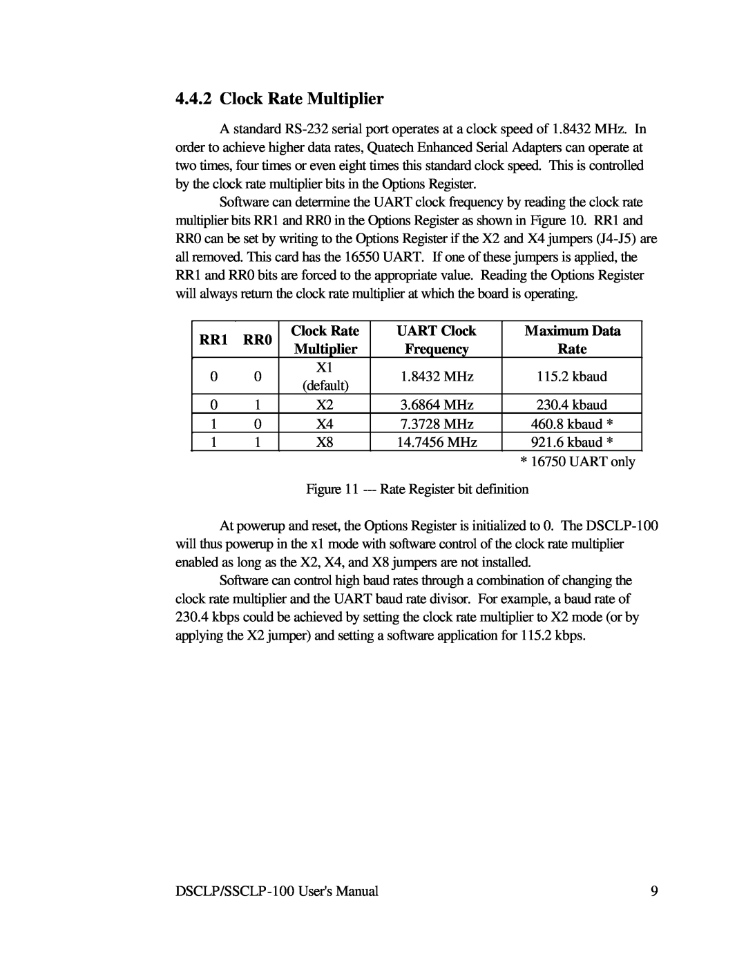 Quatech DSCLP-100 user manual Clock Rate Multiplier, UART Clock, Maximum Data, Frequency 