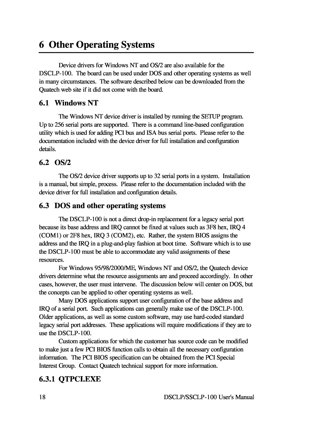 Quatech DSCLP-100 user manual Other Operating Systems, Windows NT, 6.2 OS/2, DOS and other operating systems, Qtpci.Exe 